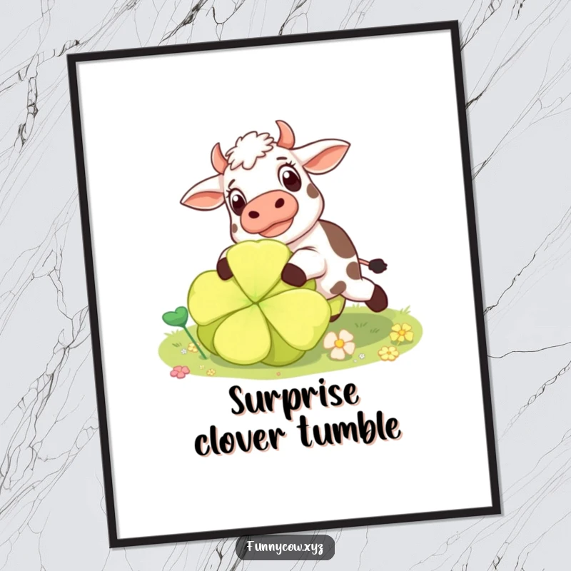 Funny surprised cow digital art print depicting a cow comically tripping over a giant clover, offering instant laughs.