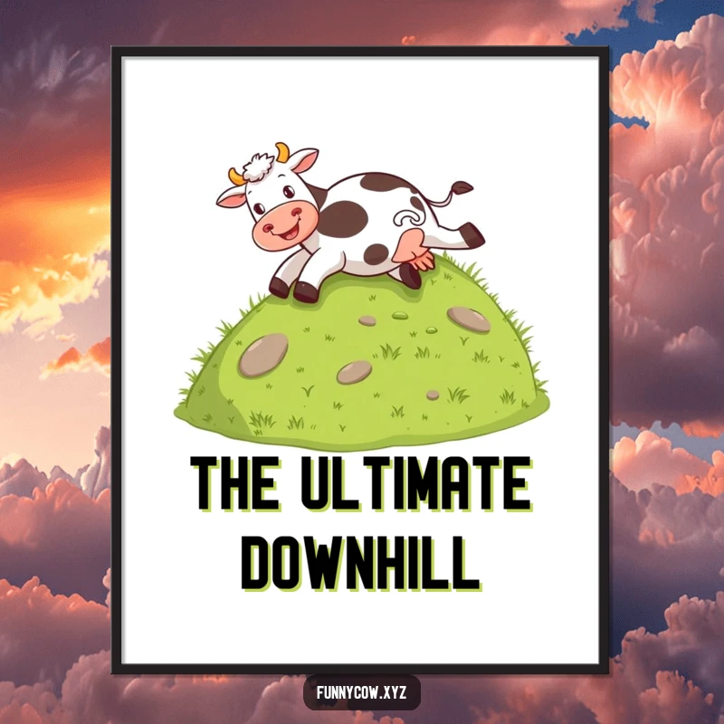 Funny digital art print of a cow joyfully sliding down a grassy hill on its behind, ready to download.