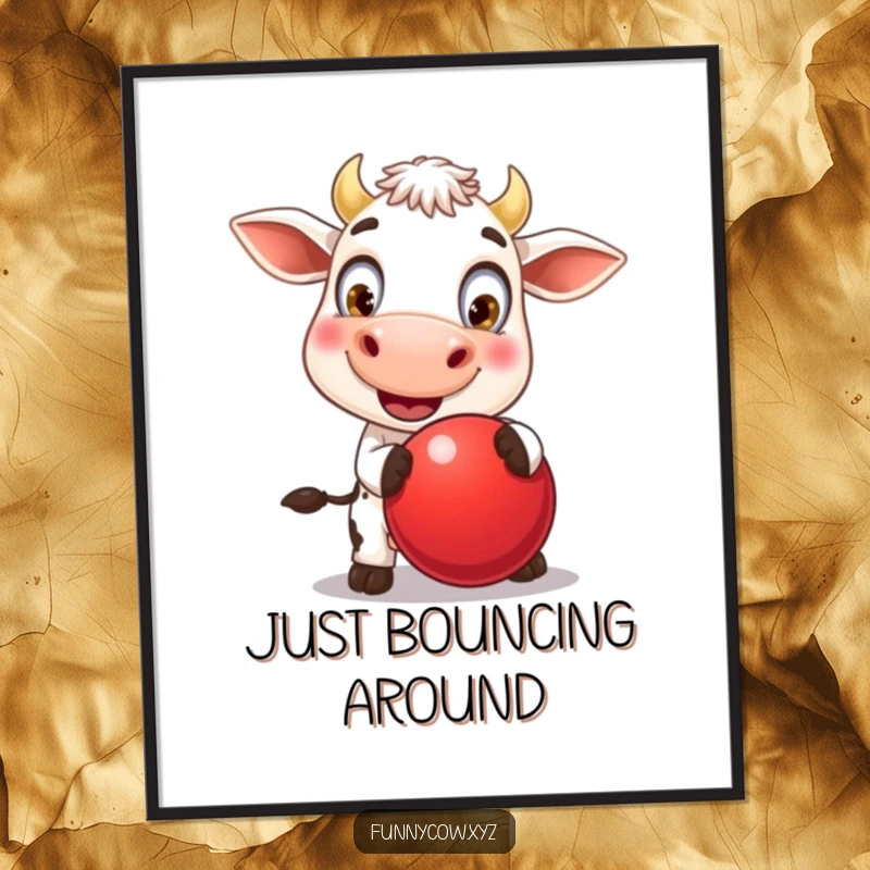 Funny digital art print of a cheerful cow with huge, inviting eyes, gleefully bouncing a large red ball, emitting pure happiness.