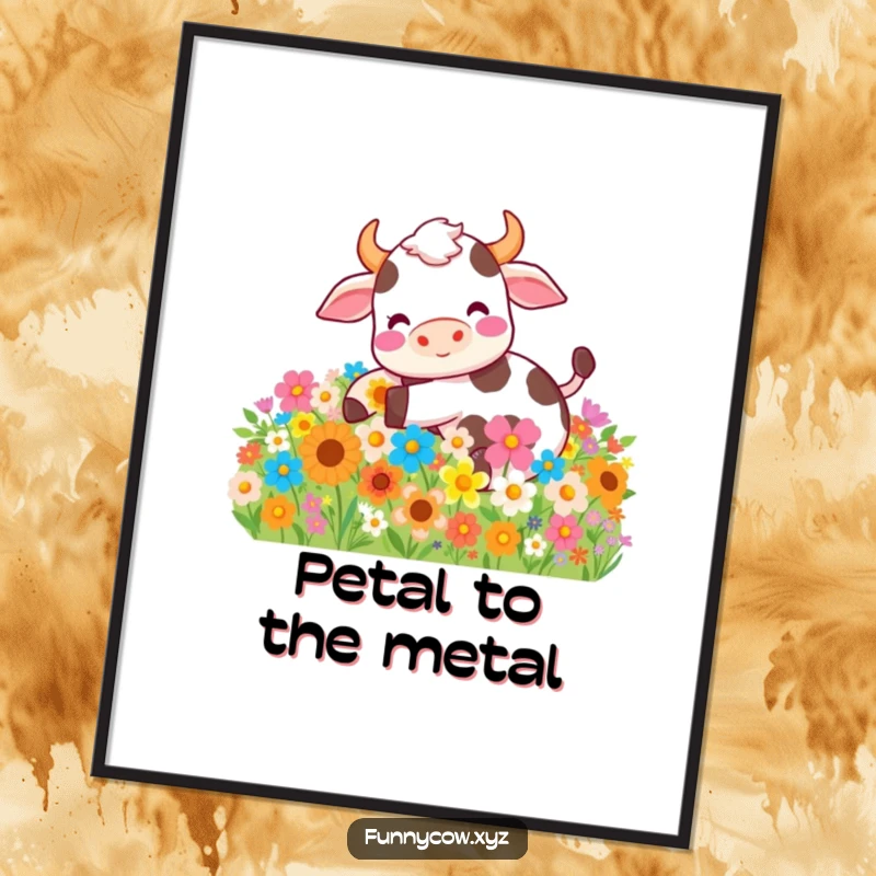 Funny digital art print of a cow joyfully rolling in a vibrant field of colorful flowers, perfect for instant wall decor.