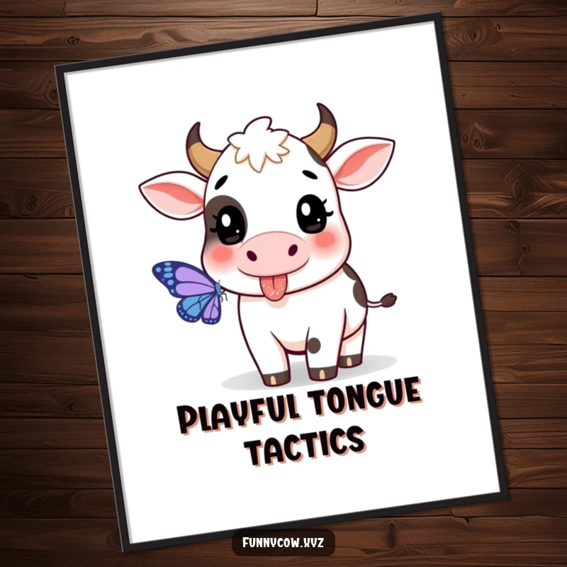 Funny cow digital art print showing a playful cow with its tongue sticking out, chasing a butterfly.