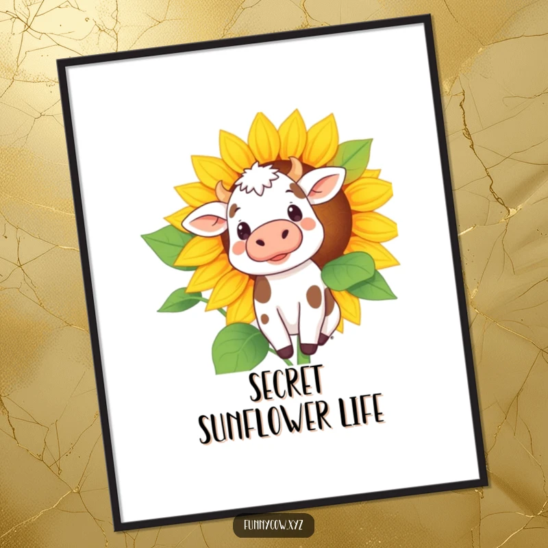 Funny digital art print of a spotted cow curiously peeking out from behind a large sunflower, creating a charming and humorous scene.