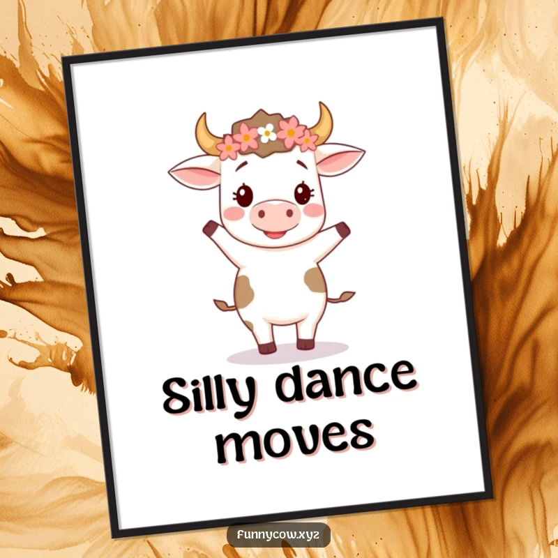 Funny digital art print of a happy cow wearing a flower crown, performing a silly two-step dance, radiating pure cheerfulness.