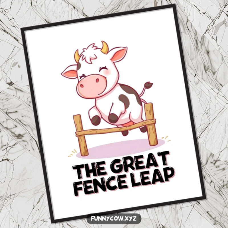 Funny digital art print of a giggling cow with wobbly legs attempting to jump over a small fence, an image of pure amusement.