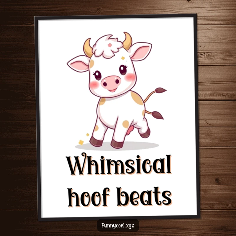 Funny Kawaii cow digital art print depicting a happy prancing cow surrounded by small flowers, offering instant cheer.