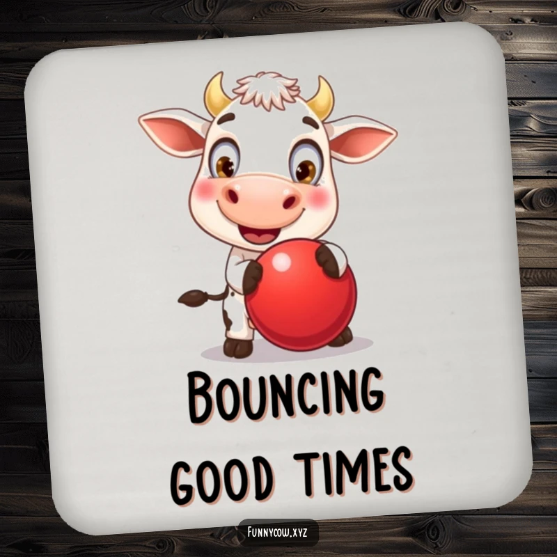 Funny coaster depicting a joyous cow with large, expressive eyes, bouncing a big red ball, a cute and amusing addition to any table.