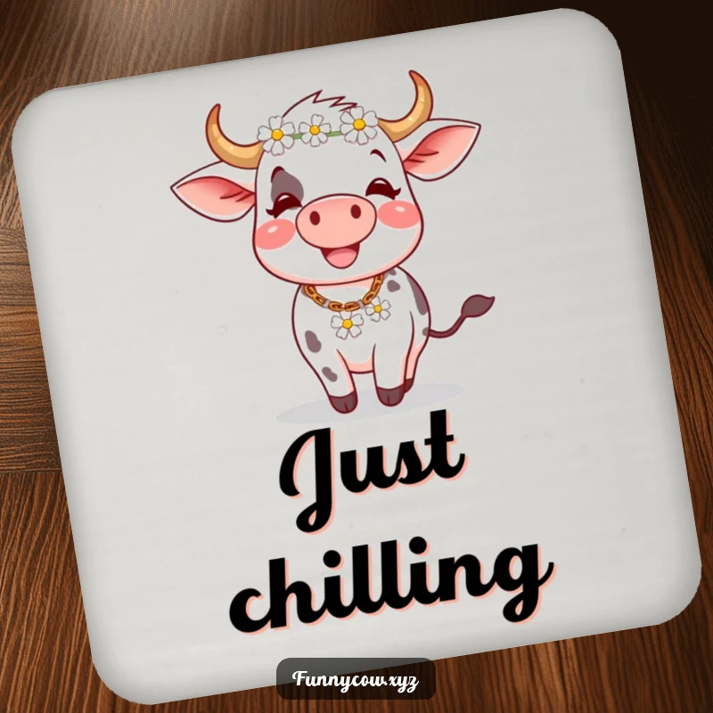 Funny drink coasters: A whimsical cow joyfully spins, a daisy chain on its head, protecting your surfaces with a smile.