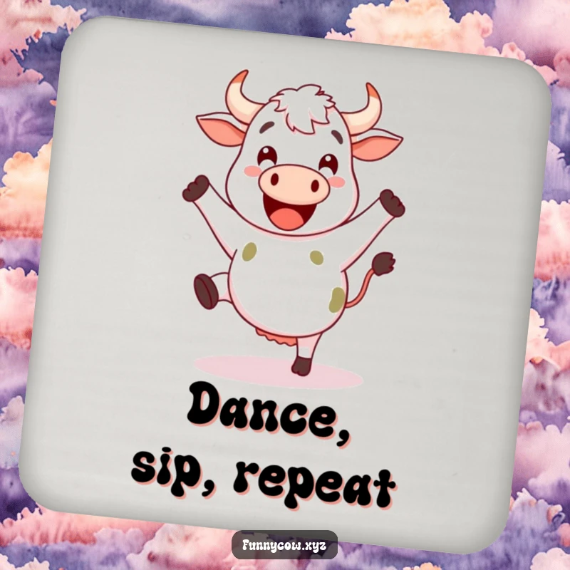 Funny happy cow drink coaster with legs kicking joyfully as if dancing.