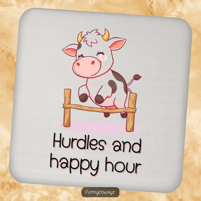 Funny coaster featuring a giggling cow with wobbly legs mid-jump over a fence, a comical and protective addition to any table.