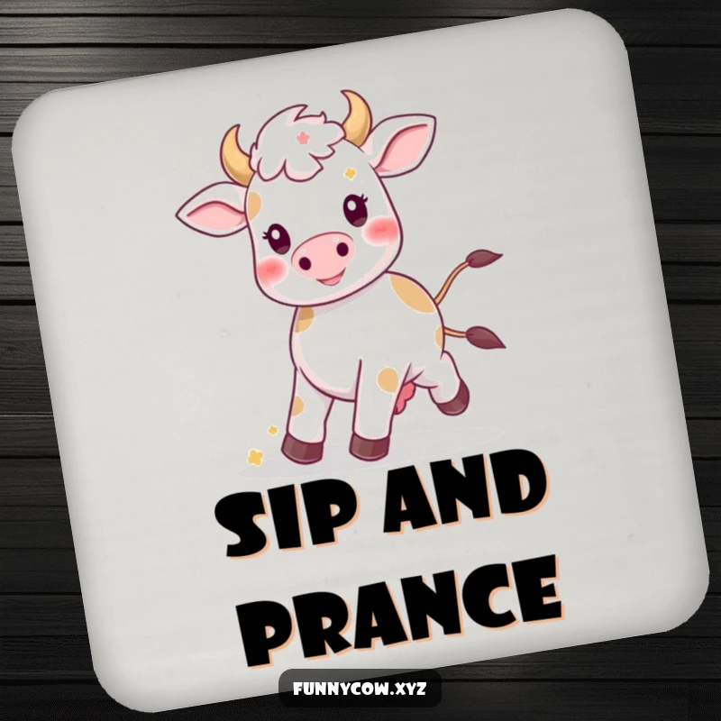 Funny Kawaii cow drink coaster with a happy prancing cow and flowers, protecting surfaces with charm.