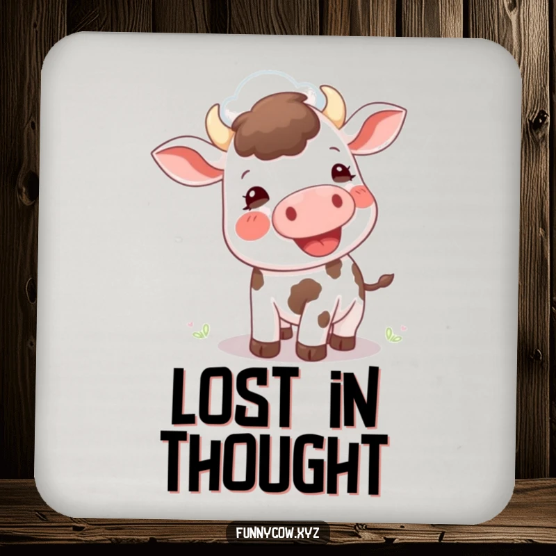 Funny drink coasters: A delighted cow looks up, mouth open to moo at a cloud, protecting your surfaces charmingly.