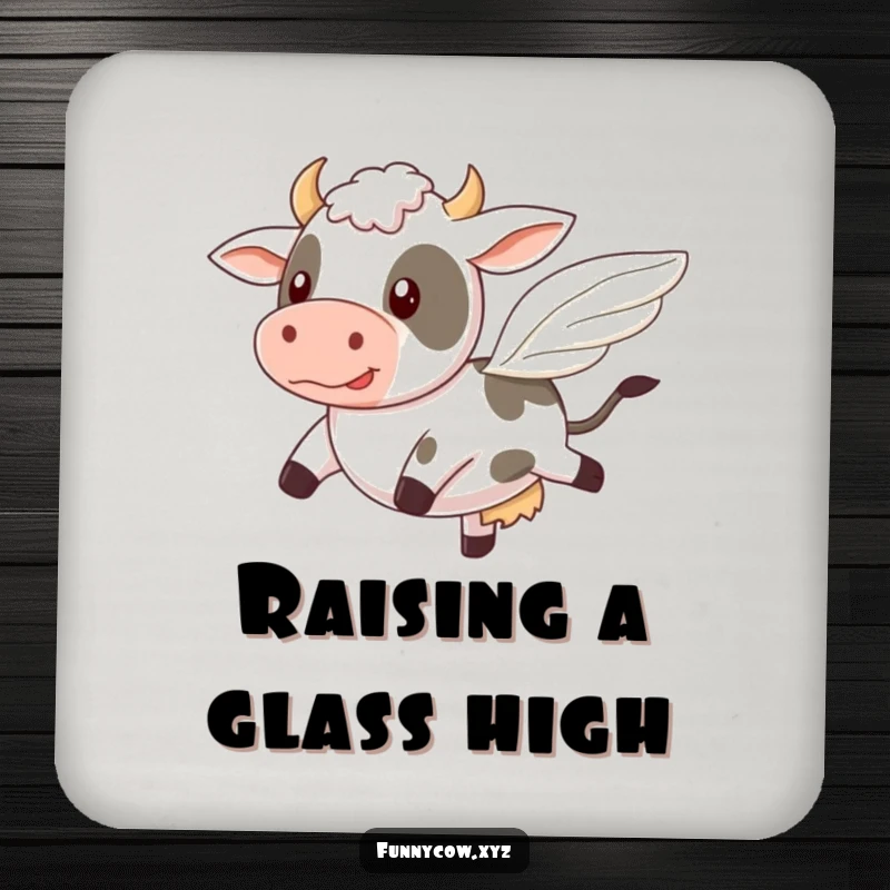 Funny coaster depicting a cow comically attempting to fly with tiny, wobbly wings, protecting surfaces with humor.