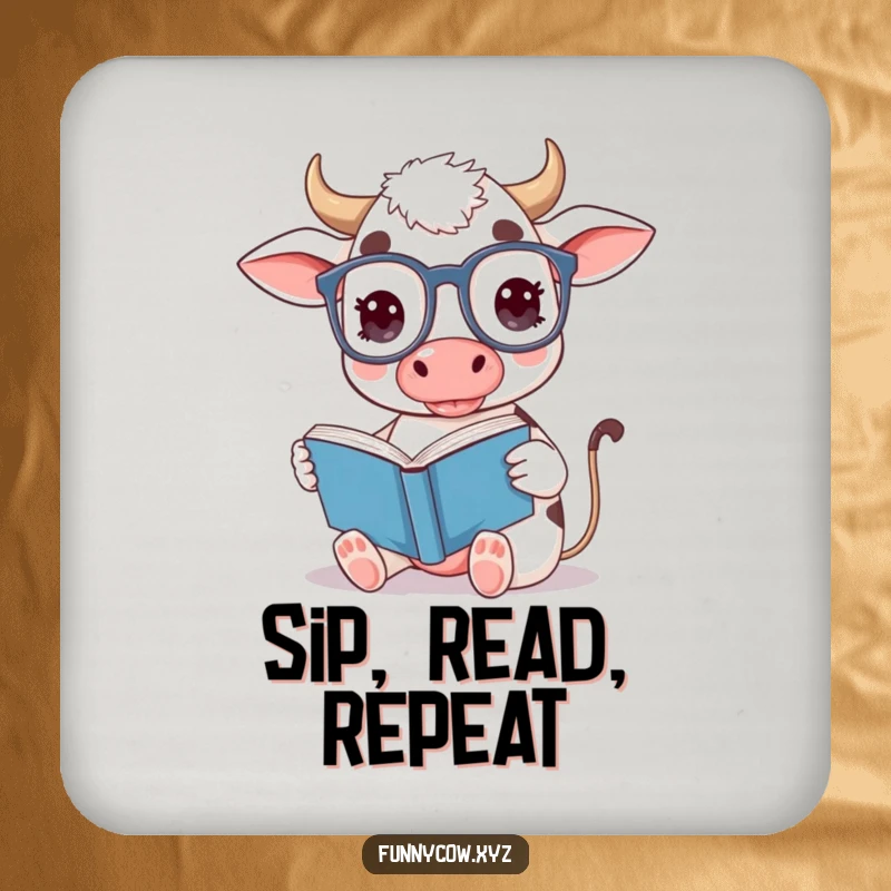 Funny cow drink coaster featuring a cute cow wearing oversized spectacles, reading a book upside down.