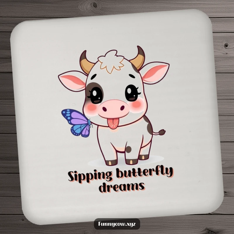 Funny cow drink coaster featuring a playful cow with its tongue sticking out, chasing a butterfly.