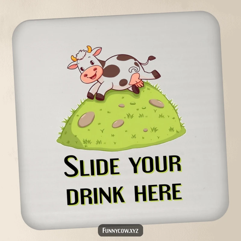 Funny coaster depicting a cow joyfully sliding down a grassy hill on its behind, protecting surfaces with humor.