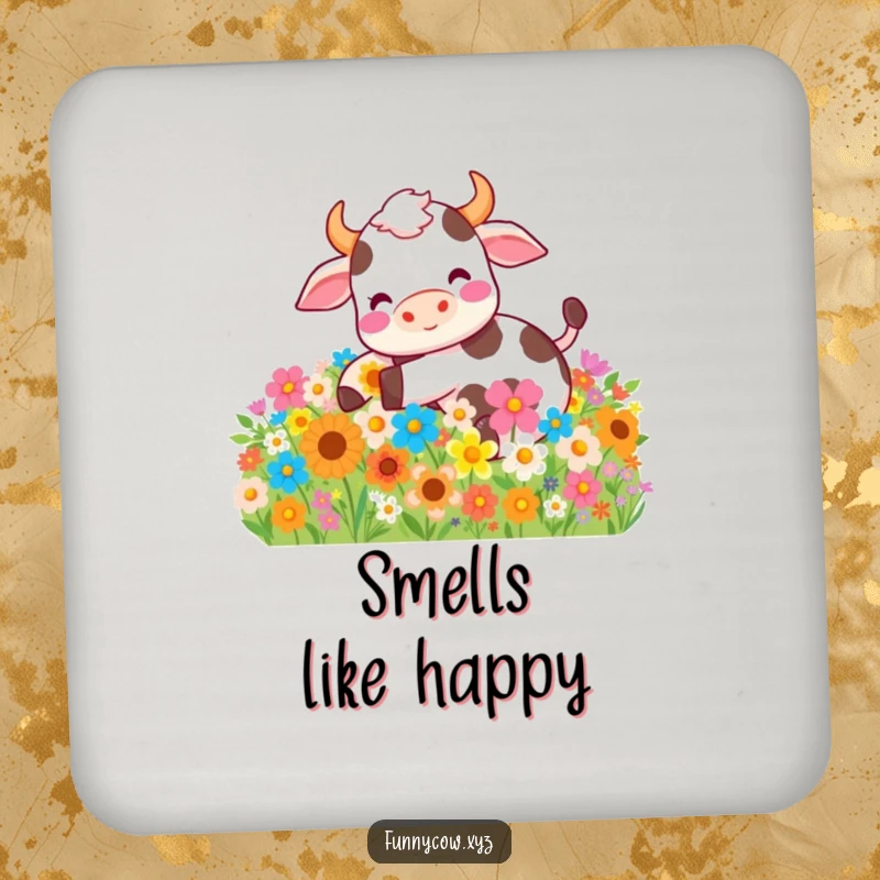Funny drink coasters showcasing a happy cow rolling in flowers, adding a humorous and protective touch to tabletops.
