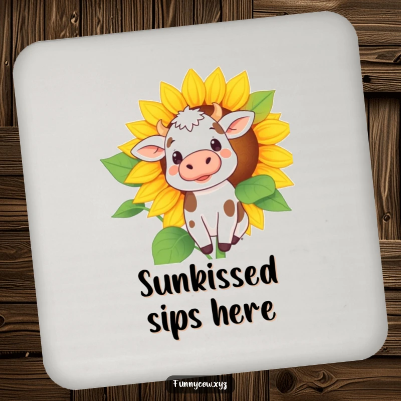 Funny coaster with a spotted cow curiously peeking from behind a giant sunflower, adding a touch of whimsy to any table.
