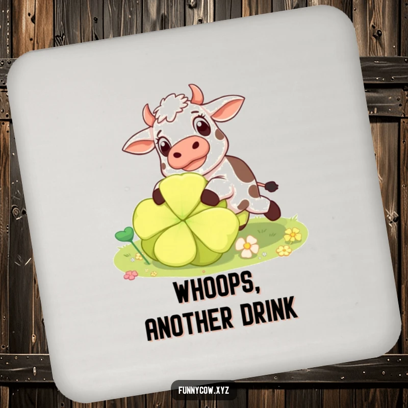 Funny surprised cow drink coaster showing a cow tripping over a giant clover, adding humor to surface protection.