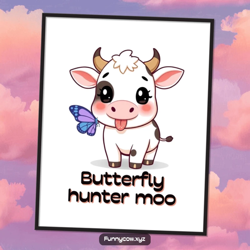 Funny cow poster showing a cow with its tongue sticking out playfully, trying to catch a butterfly.