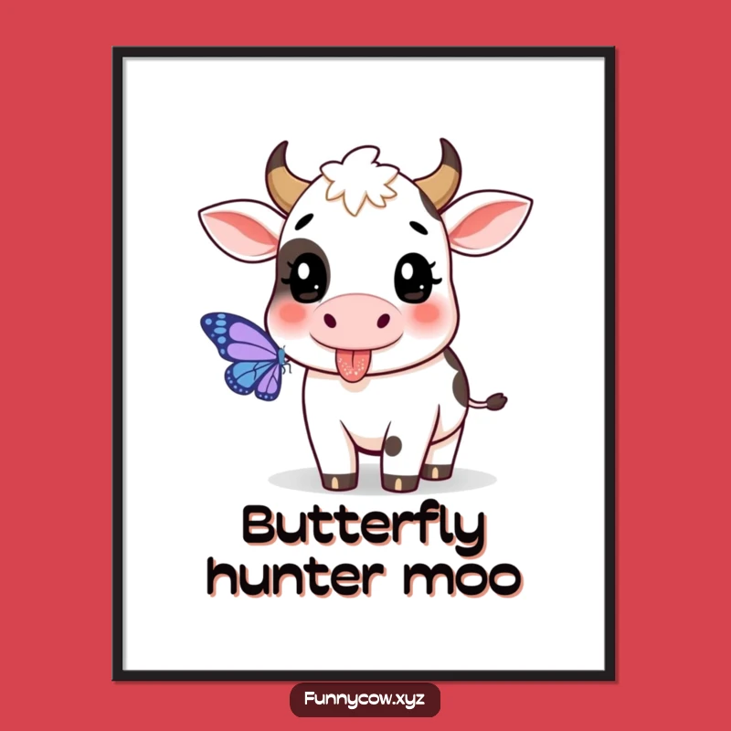 Funny Playful Cow Poster: Butterfly Pursuit Art, Great Funny Gift