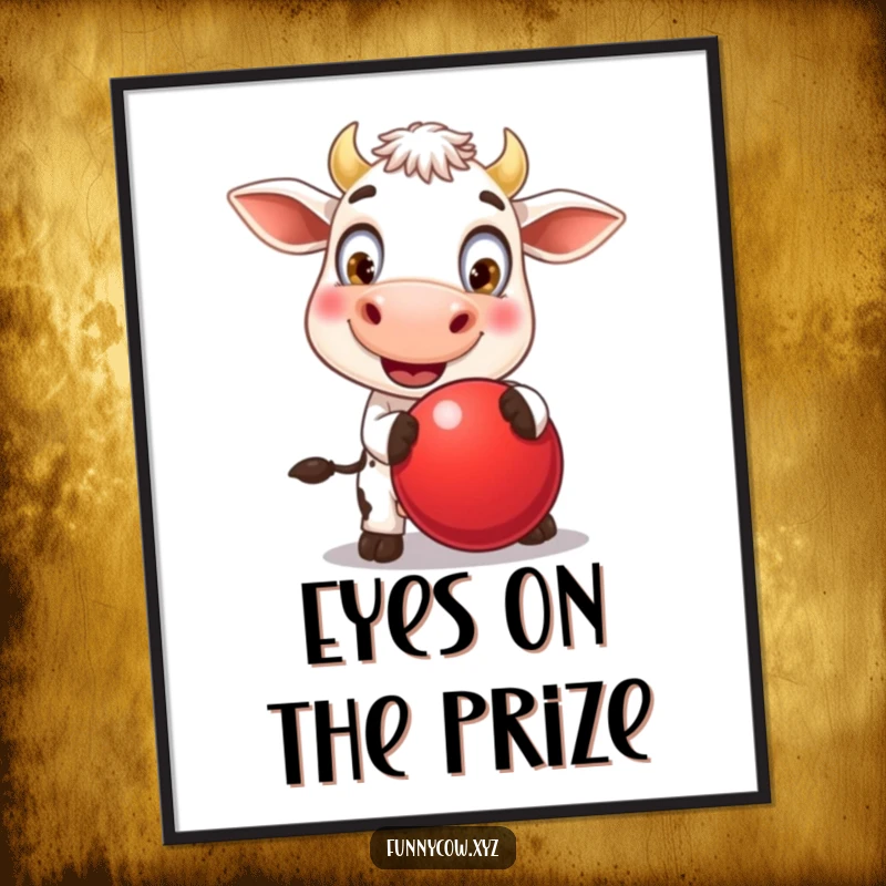 Funny poster of a jubilant cow with captivating, oversized eyes, gleefully bouncing a large red ball, embodying cheerful, uninhibited fun.