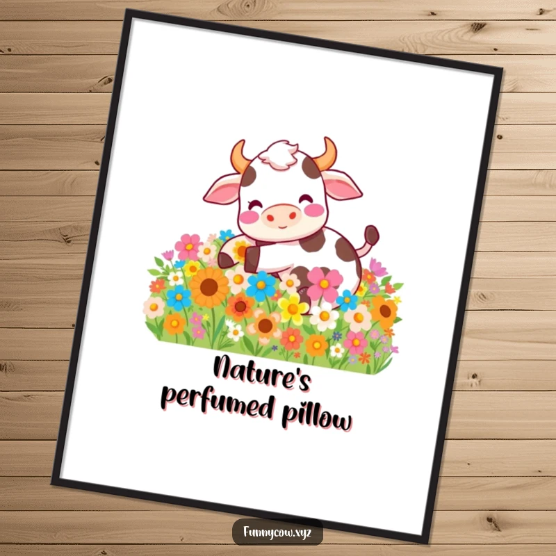 Funny poster depicting a contented cow joyfully rolling in a bed of colorful, blooming flowers, a scene of utter delight.