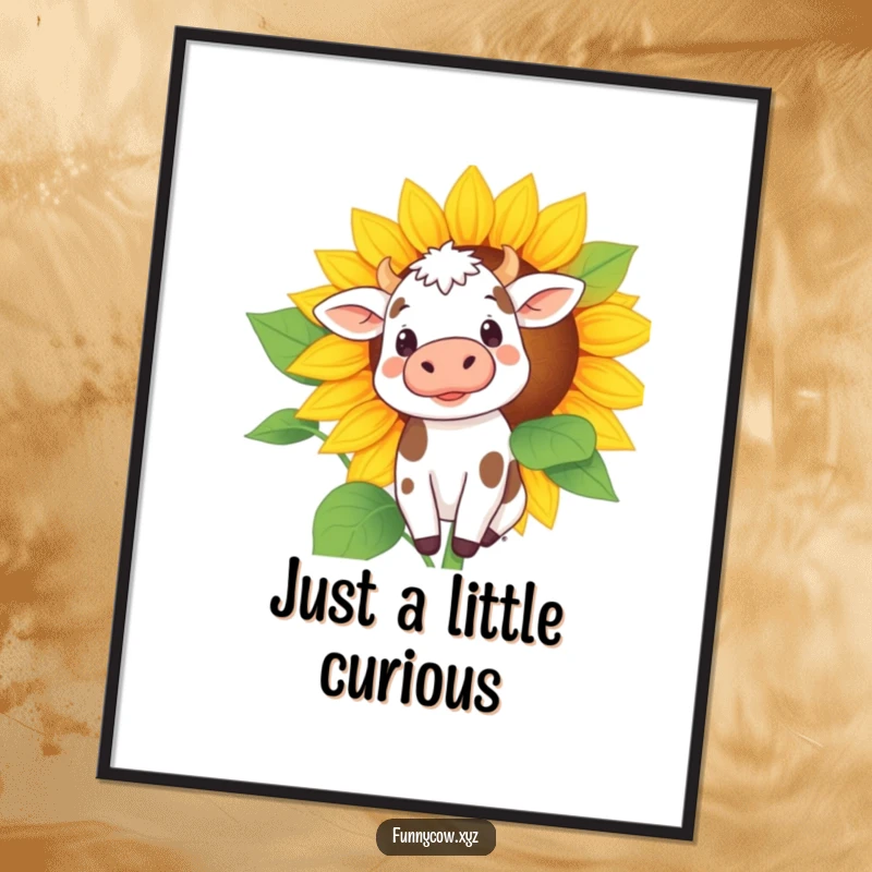 Funny poster capturing a small, spotted cow curiously peeking over the petals of a huge sunflower, a sweet and humorous artwork.