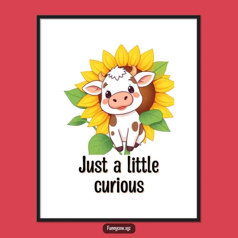 Funny Curious Cow Sunflower Poster - Whimsical Peeking Cow Art Print