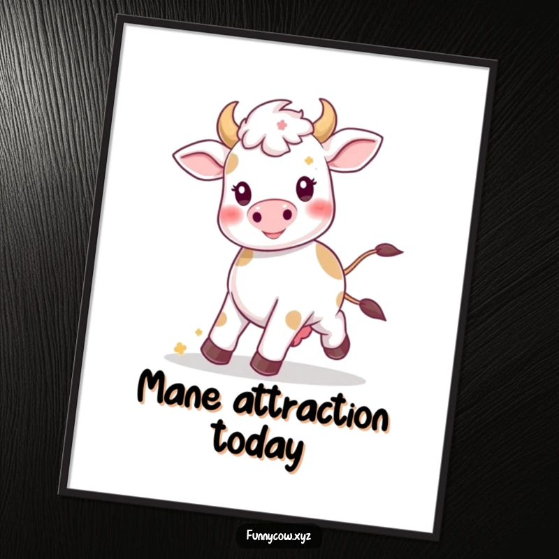 Funny Kawaii cow poster showing a happy cow prancing with flowers, bringing whimsical charm to walls.