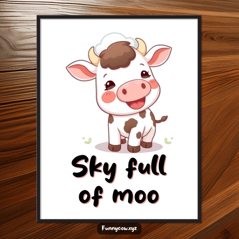 Funny poster: A happy cow with its mouth open, as if mooing, gazes up at a solitary cloud in the sky.