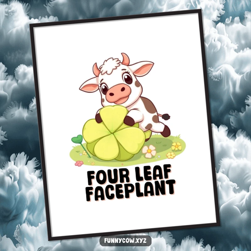 Funny surprised cow poster capturing the comical moment of a cow tripping over a massive clover.