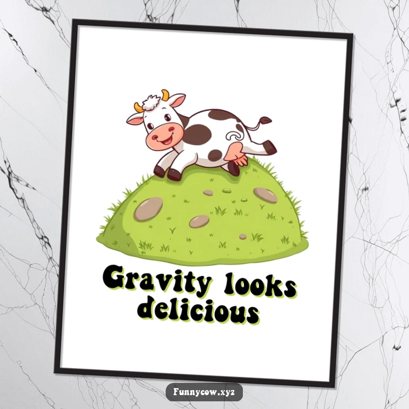 Funny poster featuring a cow joyfully sliding down a grassy hill on its behind, perfect farm-themed decor.