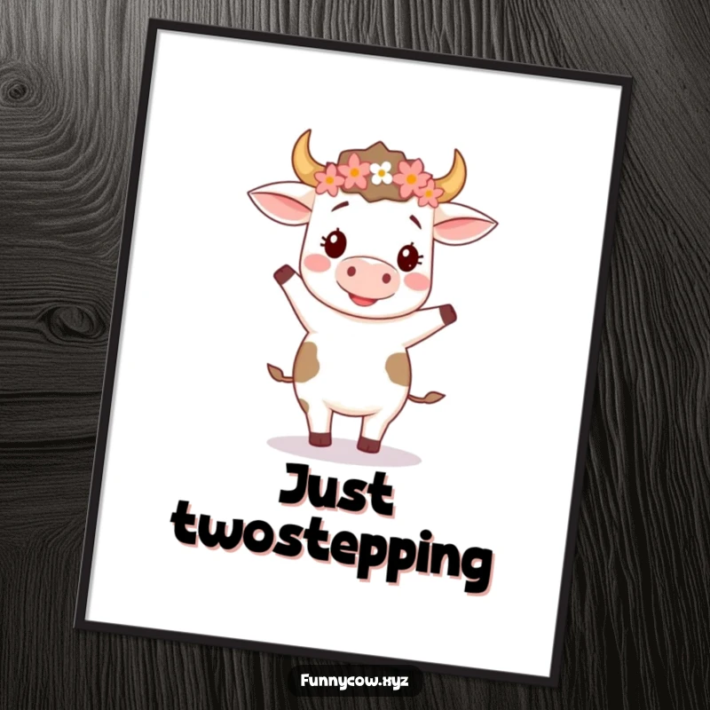 Funny poster of a happy cow wearing a floral crown, doing a charming and silly two-step dance, embodying pure, unadulterated joy.