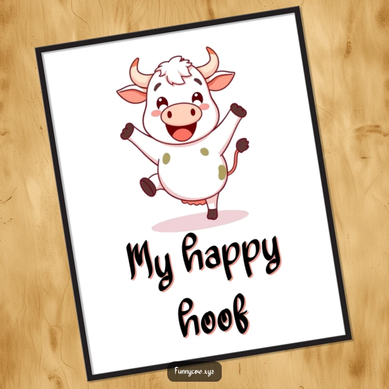 Funny happy cow poster showing a cow with legs kicking enthusiastically, embodying pure dance joy.