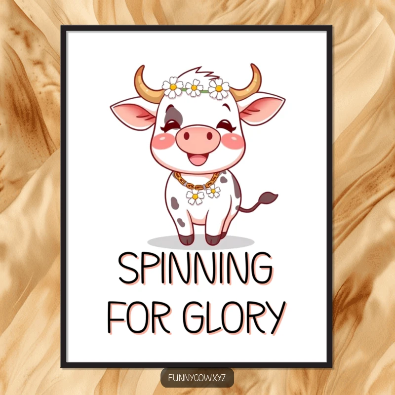 Funny poster: A whimsical cow joyfully spins, a delicate daisy chain resting on its head, radiating happiness.