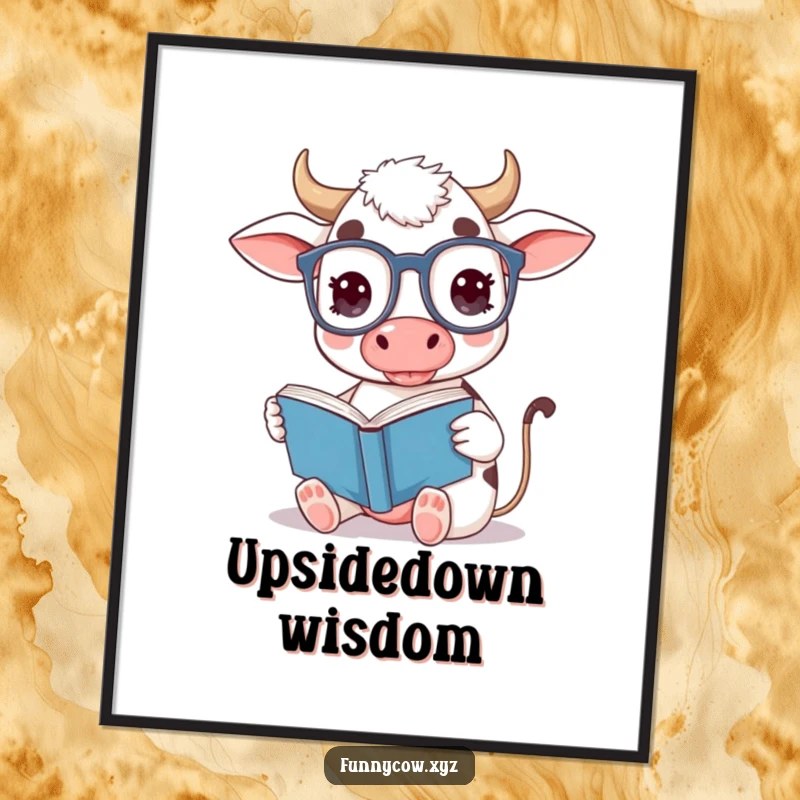 Funny cow poster showing a cute cow wearing oversized spectacles, hilariously reading a book upside down.
