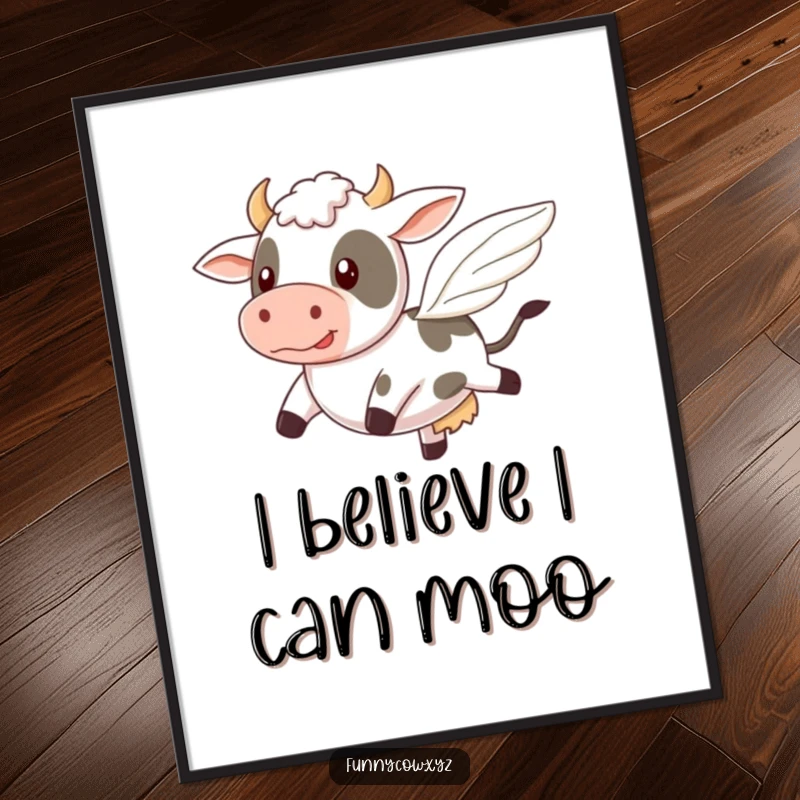 Funny poster featuring a cow comically attempting to fly with tiny, wobbly wings, perfect wall art for dreamers.