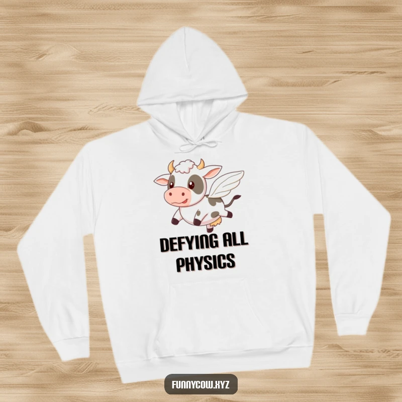 Funny hoodie depicting a cow comically attempting to fly with tiny, wobbly wings, perfect for cozying up.