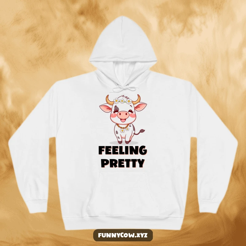 Funny hoodie: A content cow with a floral wreath on its head joyfully spins, bringing a sense of whimsical fun.