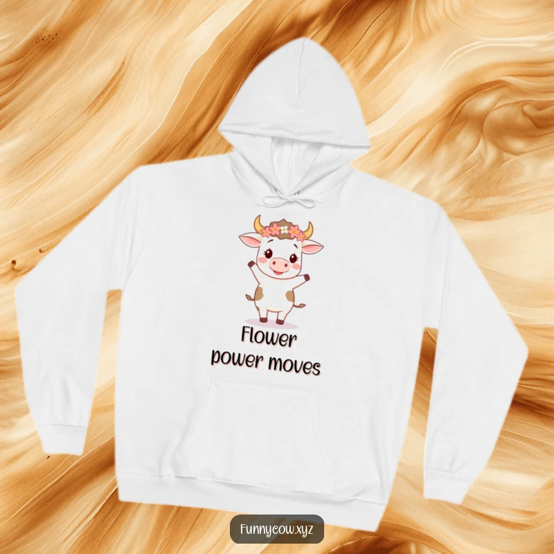 Funny hoodie featuring a happy cow adorned with a flower crown, doing a delightful and silly two-step dance, perfect for cozy fun.
