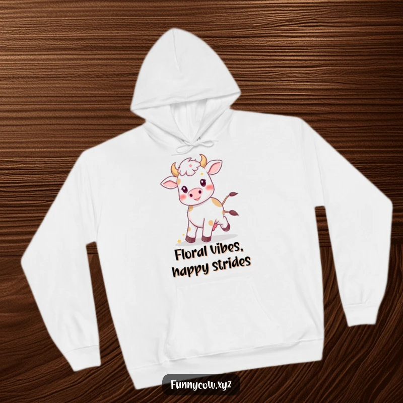 Funny Kawaii cow hoodie showing a happy cow prancing amongst flowers, offering warmth and a smile.