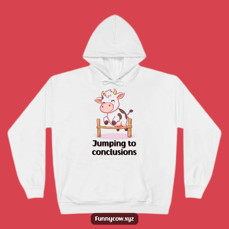 Funny Giggling Cow Fence Jump Hoodie - Cozy Effort & Humor Gift!