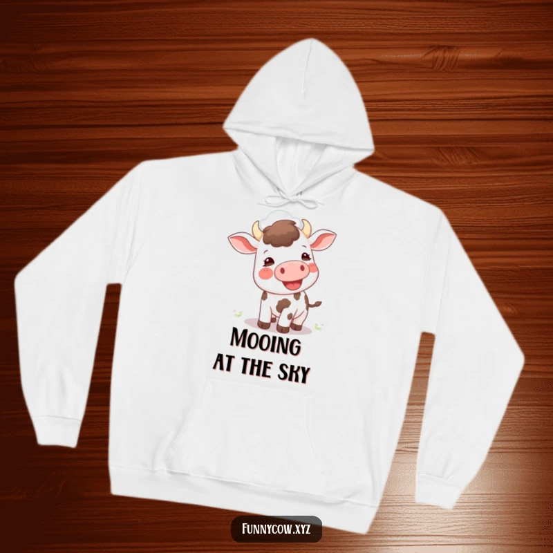Funny hoodie: A happy cow with its head tilted back, mouth open as if to moo at a distant cloud.