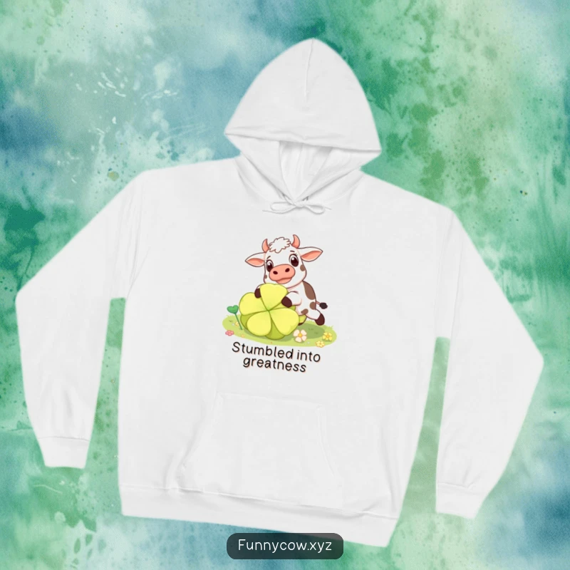 Funny surprised cow hoodie showing a cow comically tripping over a large clover, perfect for cozy laughs.