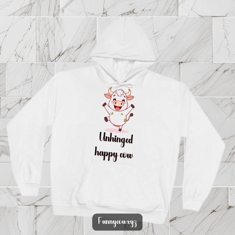 Funny happy cow hoodie depicting a cow with legs kicking joyfully as if dancing.