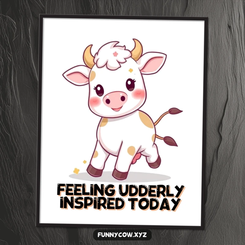Funny Free Printable Wall Art: Adorable kawaii cow happily prancing with flowers in mane, a joyful and whimsical downloadable art.