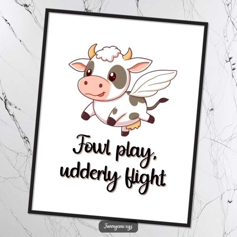 Funny Free Printable Wall Art of a cow comically attempting to fly with tiny, wobbly wings, bringing airborne humor home.