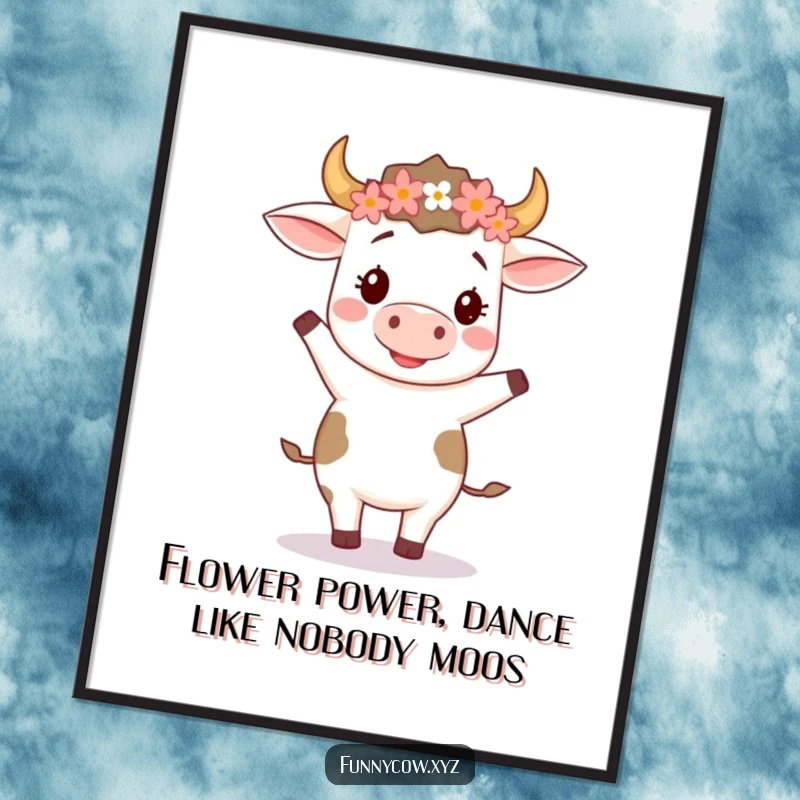 Funny Free Printable Wall Art: A happy cow wearing a flower crown doing a delightful little two-step dance.