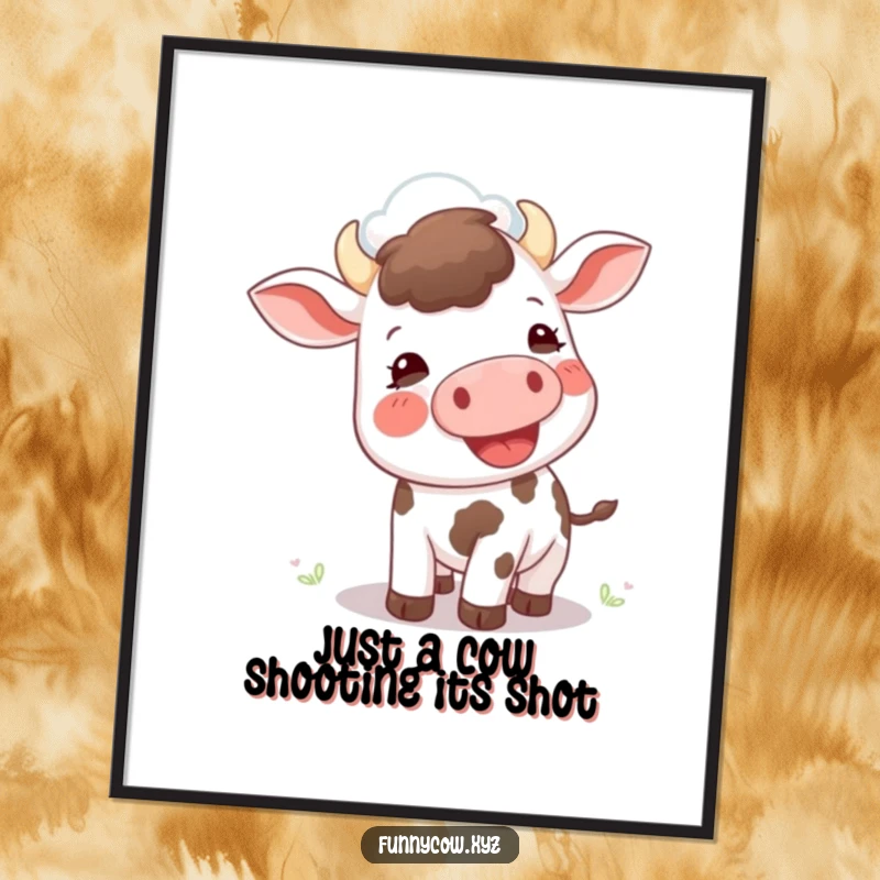 Funny Free Printable Wall Art showing a delighted cow looking up at a cloud, trying to moo.