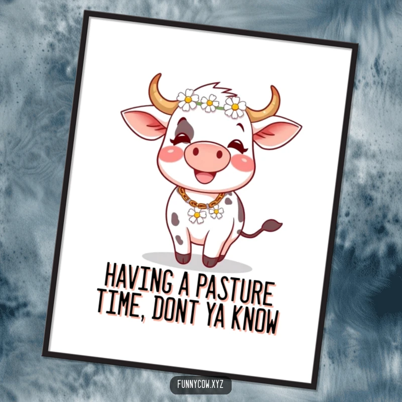 Funny Free Printable Wall Art of a joyful cow with a daisy chain on its head, spinning with delight.